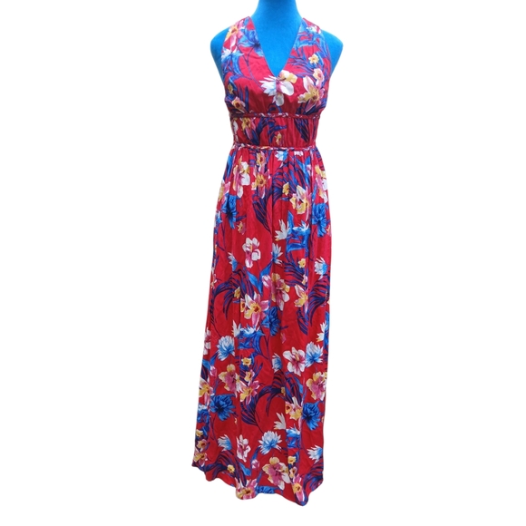 Japna Dresses & Skirts - Japna Red and Blue Floral Halter Sundress Maxi Dress Small